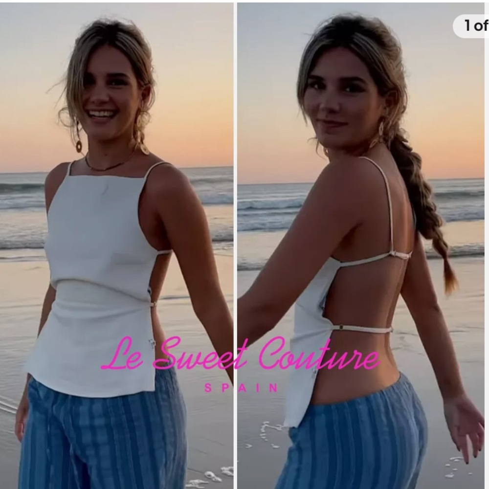 ZARA NEW WOMAN SS23 ECRU LINEN BLEND TOP WITH OPEN BACK